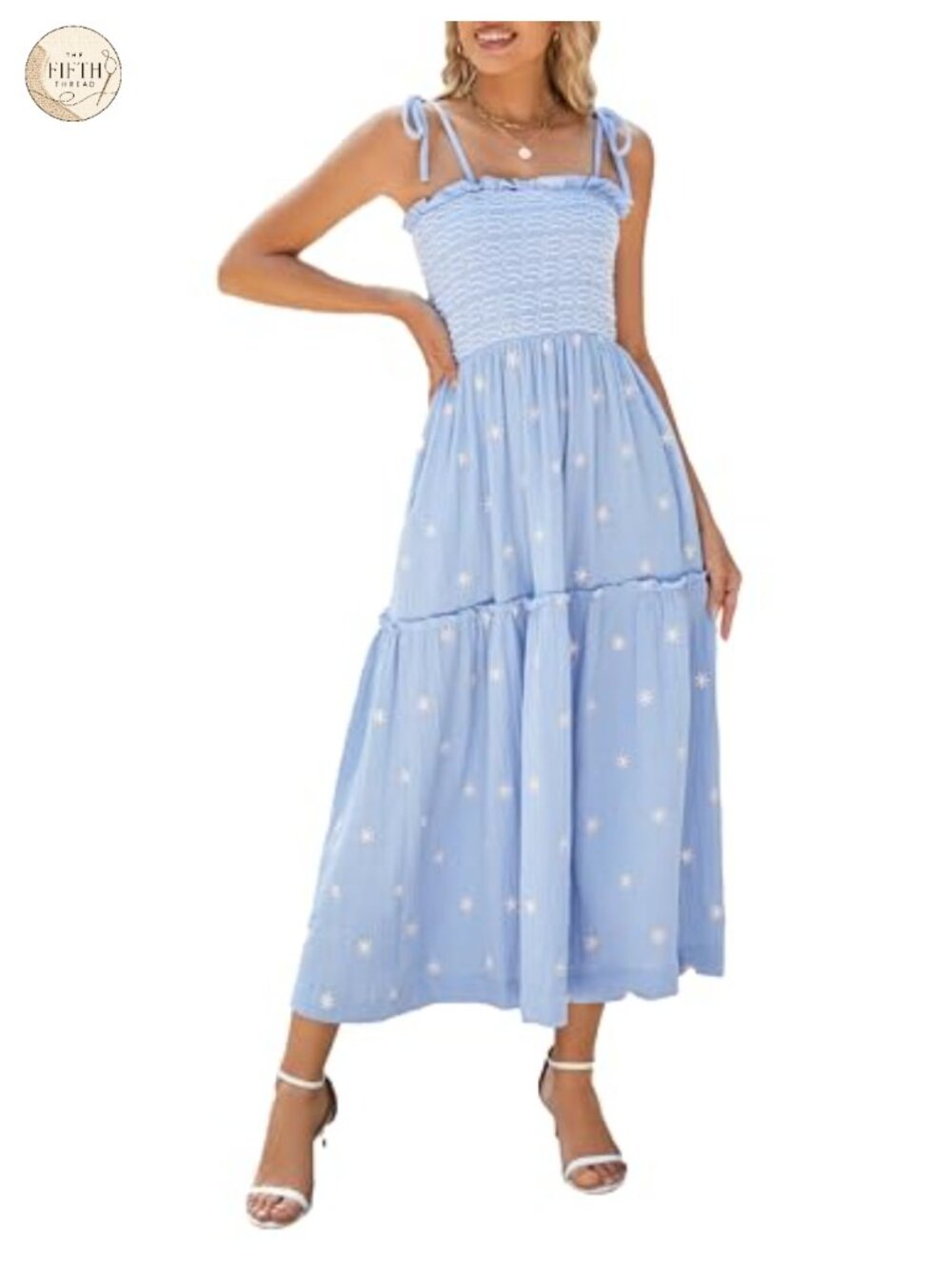 Women Floral Embroidered Smocked Maxi Dress Sleeveless Boho Sundress with